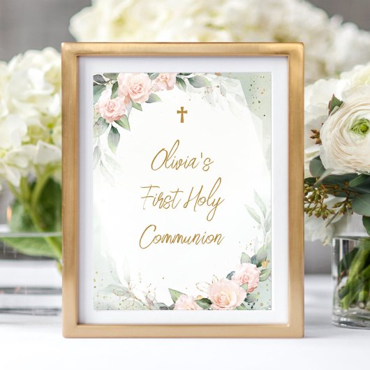 Waterverf Roze Bloemen Kruisen Eerste Heilige Comm Poster