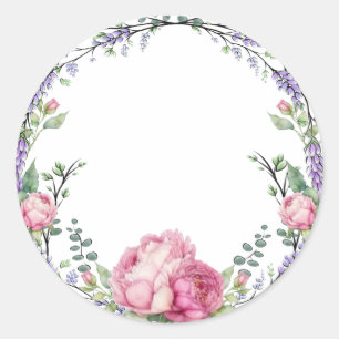 Waterverf roze bloemen lavendel eucalyptus ronde sticker