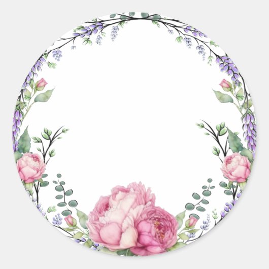 Waterverf roze bloemen lavendel eucalyptus ronde sticker (Voorkant)