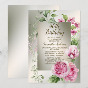 Waterverf Roze Bloemen Lijst Glanzend Brons Elegan Kaart