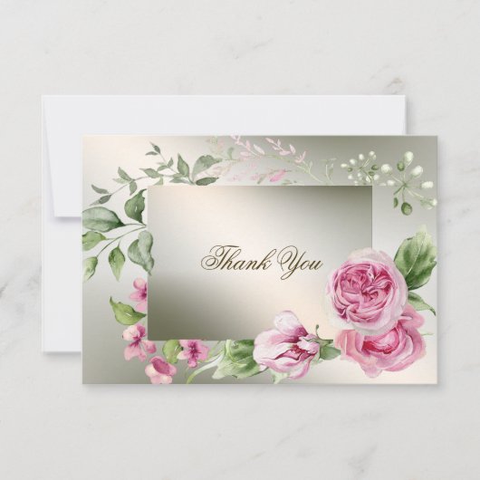 Waterverf Roze Bloemen Lijst Glanzend Bronzen Part Bedankkaart (Voorkant)