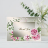 Waterverf Roze Bloemen Lijst Glanzend Bronzen Part Bedankkaart (Staand voorkant)