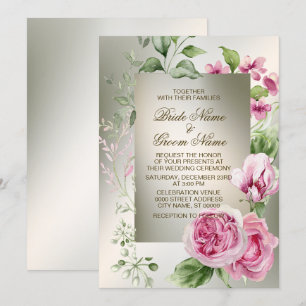Waterverf Roze Bloemen Lijst Glanzend Bronzen Part Kaart