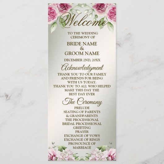 Waterverf Roze Bloemen Lijst Glanzend Bronzen Part Programma (Voorkant)