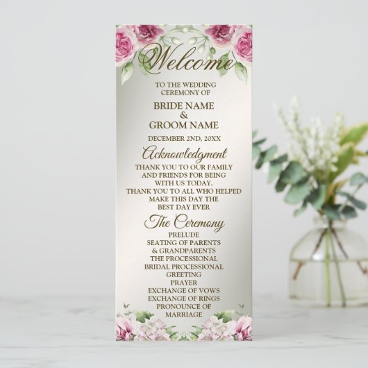 Waterverf Roze Bloemen Lijst Glanzend Bronzen Part Programma (Staand voorkant)