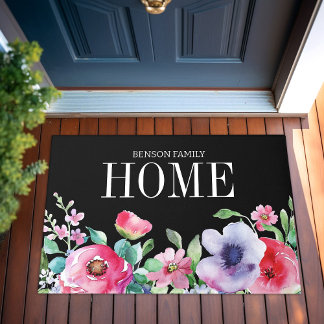 Waterverf Roze Bloemen Moderne familienaam Zwart Deurmat