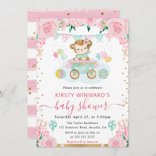 Waterverf Roze Bloemen Monkey Baby shower Kaart