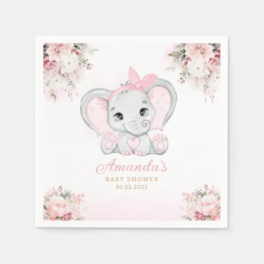 Waterverf roze bloemen olifant meisje baby shower servet (Voorkant)