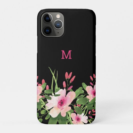 Waterverf roze bloemen op zwart gegrammeerd Case-Mate iPhone case (Achterkant)