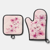 Waterverf Roze bloemen Ovenwant & Pannenlap Set (Voorkant)