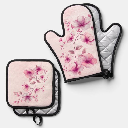 Waterverf Roze bloemen Ovenwant & Pannenlap Set (Voorkant / Achterkant)