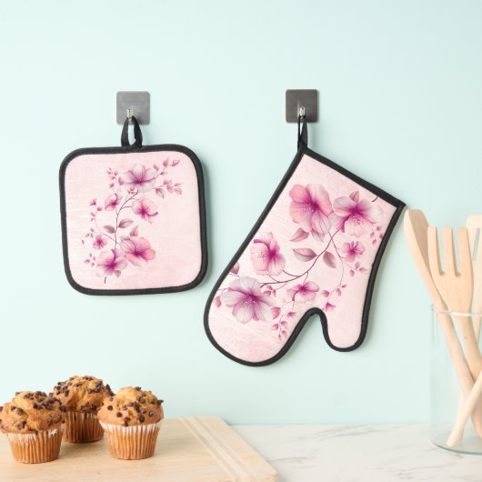 Waterverf Roze bloemen Ovenwant & Pannenlap Set (Insitu(Ophanging))