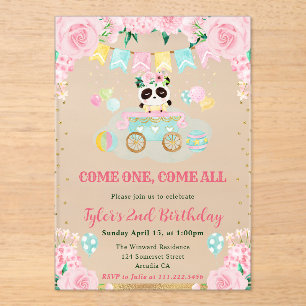 Waterverf Roze Bloemen Panda Kids Verjaardag Acryl Uitnodigingen