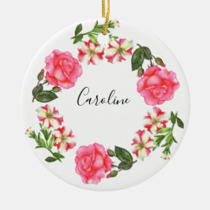 Waterverf Roze bloemen - Ronde cirkel Keramisch Ornament