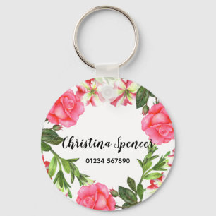 Waterverf Roze bloemen - Ronde cirkel Sleutelhanger