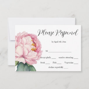 Waterverf roze bloemen roze pioenen rozen bruiloft RSVP kaartje