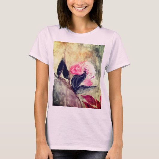 Waterverf Roze bloemen Zwart laat Abstracte blader T-shirt (Voorkant)