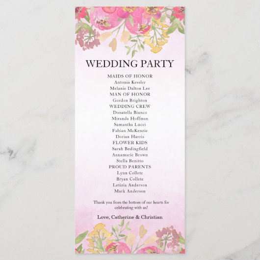 Waterverf roze bloemenbruiloft plat programma (Achterkant)