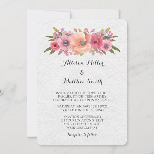  Waterverf roze bloemenbruiloft uitnodigingen (Achterkant)
