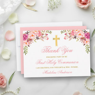 Waterverf Roze Bloemengoud Eerste Heilige Communie Bedankkaart