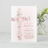 waterverf roze bloemenkruis Doop Uitnodiging (Staand voorkant)