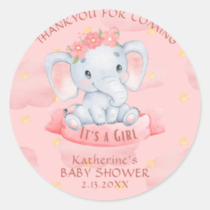 Waterverf Roze bloemenolifant Meisje Baby shower Ronde Sticker
