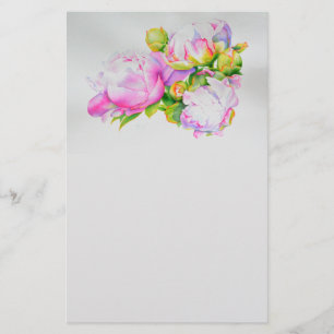 Waterverf roze bloemenroze pioenrozen wit bloemig briefpapier