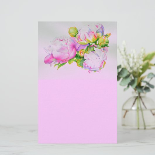 Waterverf roze bloemenroze pioenrozen wit bloemig briefpapier (Staand voorkant)