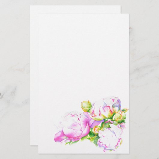 Waterverf roze bloemenroze pioenrozen wit bloemig briefpapier (Voorkant / Achterkant)