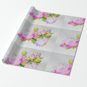 Waterverf roze bloemenroze pioenrozen wit bloemig cadeaupapier