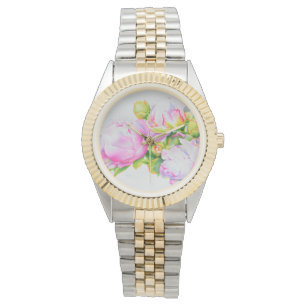 Waterverf roze bloemenroze pioenrozen wit bloemig horloge