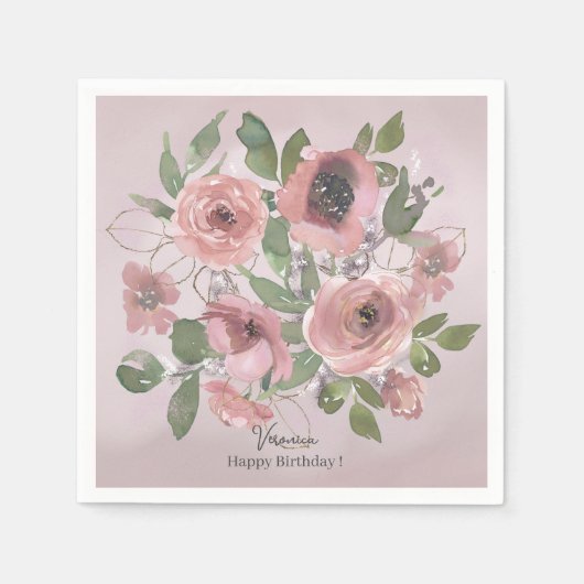 Waterverf Roze bloemetjes op Roze Servet (Voorkant)