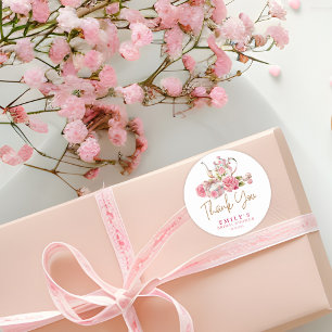 Waterverf roze bloemige bruiloftsborrel ronde sticker