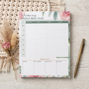 Waterverf Roze Bloemige Gezinsmaaltijdplanner Notitieblok