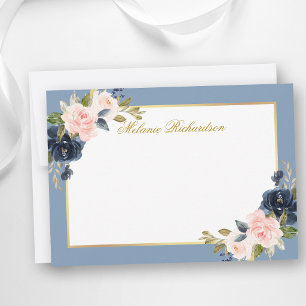 Waterverf Roze Bloemige Stofblauw - Kies Grootte - Notitiekaartje