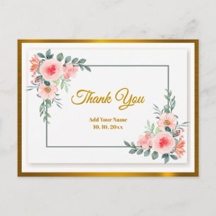 Waterverf Roze Bloemstuk Bedankt en Gouden Frame Briefkaart