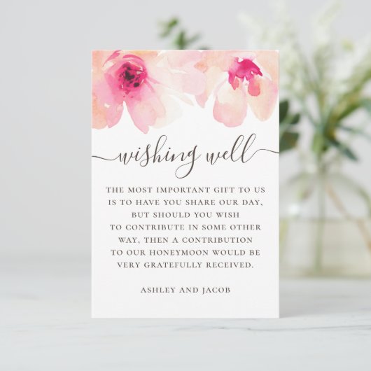 Waterverf roze bloesse bruiloft goed informatiekaartje (Staand voorkant)