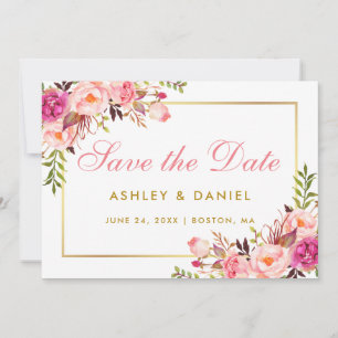 Waterverf Roze blozen Floral Gold sparen de datum Save The Date