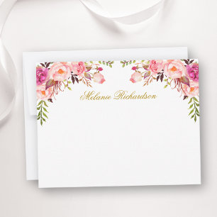 Waterverf Roze Blush Bloemen Gepersonaliseerd Goud Notitiekaartje