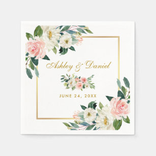 Waterverf Roze Blush Bloemen Goud Lijst Bruiloft Servet