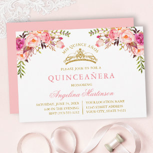 Waterverf Roze Blush Bloemig Gouden Quinceanera Kaart