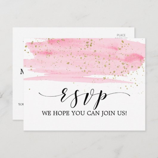 Waterverf Roze Blush en Gold Song Request RSVP Uitnodiging Briefkaart (Voorkant / Achterkant)
