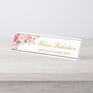 Waterverf Roze Blush Floral Gold Name Bord Bureau Naambordje
