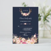 Waterverf Roze Blush Flowers Antlers Weddenschap R RSVP Kaartje (Staand voorkant)