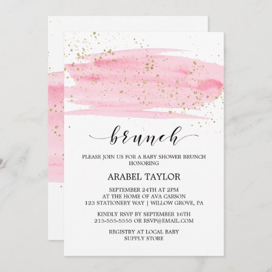 Waterverf Roze Blush & Gold Sparkle Brunch Kaart (Voorkant / Achterkant)