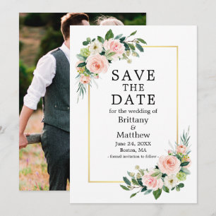 Waterverf Roze Blush Rozen Foto Goud Lijst Save The Date