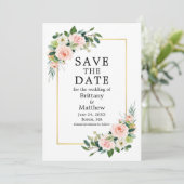 Waterverf Roze Blush Rozen Greenery Gold Lijst Save The Date (Staand voorkant)