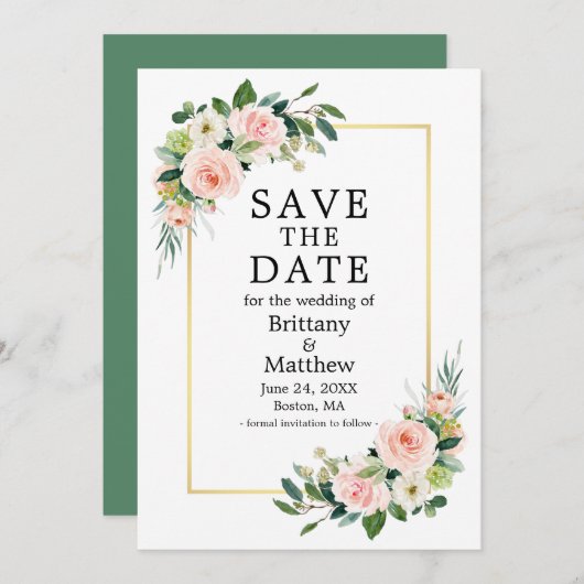Waterverf Roze Blush Rozen Greenery Gold Lijst Save The Date (Voorkant / Achterkant)