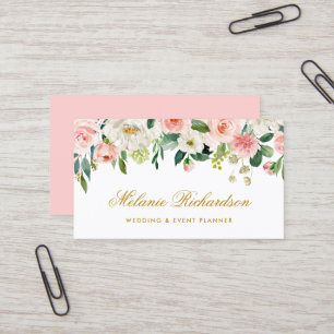 Waterverf Roze Blush Wit Bloemen Goud Elegant Visitekaartje