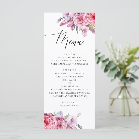 Waterverf roze boho floral and veren bruiloft menu (Staand voorkant)